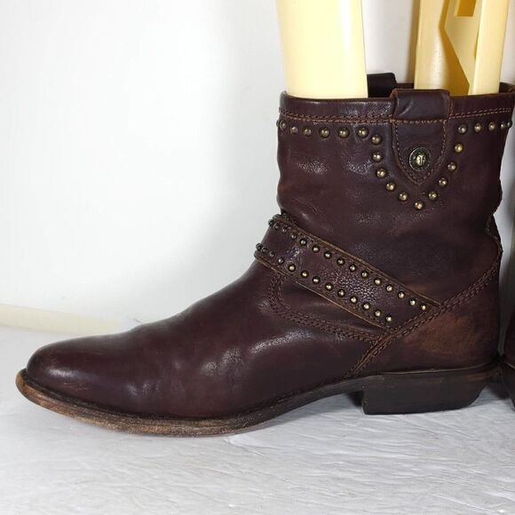 Frye Women's US 8B Brown Leather Studded Strap ankle Western Boots Booties - Picture 7 of 14